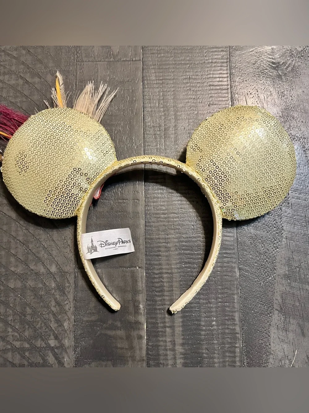 Minnie Mouse Gold Sequin Feather Flapper Roaring Ear Headband